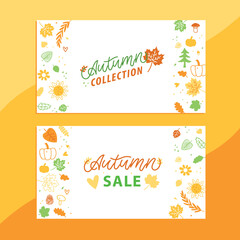 Trendy Set Autumn banners for decoration design Autumn Collection and Sale. Template for any purposes. Hand Drawn Lettering. Vector illustration