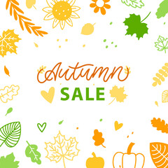 Fototapeta na wymiar Trendy Autumn Sale Banner for decoration design. Template For any purposes. Fashion For Kids, Wedding Business. Hand Drawn Lettering. Frame With Flowers and Plants. Vector Illustration Background