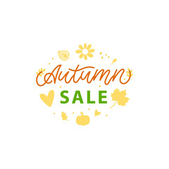 Trendy Autumn Sale Banner for decoration design.  Template For any purposes. Fashion For Kids, Wedding Business.  Hand Drawn Lettering. Frame With Flowers and Plants. Vector Illustration Background