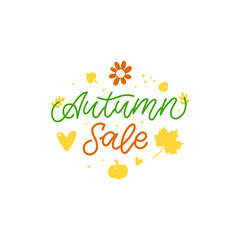 Trendy Autumn Sale Banner for decoration design.  Template For any purposes. Fashion For Kids, Wedding Business.  Hand Drawn Lettering. Frame With Flowers and Plants. Vector Illustration Background