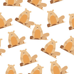 Vector seamless pattern with beavers. Children's pattern for clothing, print, packaging. Cute beaver is sitting on a tree. Vector illustration