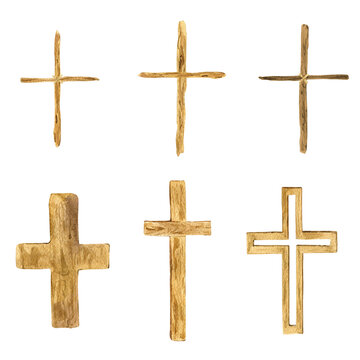 Wooden watercolor crosses on a white background. Set of images for first communion, baptism, easter
