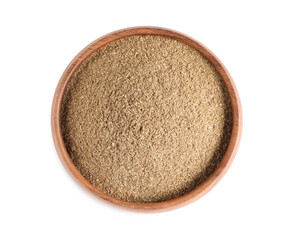 Wooden bowl with powdered coriander on white background, top view