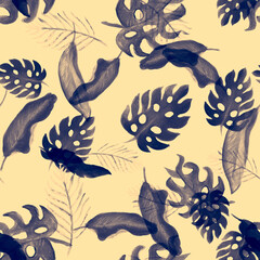 Blue Seamless Painting. White Pattern Decor. Beryl Watercolor Plant. Azure Tropical Leaf. Gray Floral Backdrop. Indigo Summer Decor. Navy Botanical Monstera.