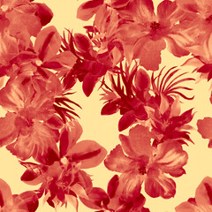 Coral Watercolor Illustration. Pink Flower Texture. Rusty Seamless Texture. Red Hibiscus Wallpaper. Pattern Set. Tropical Garden. Fashion Texture.Art Background.