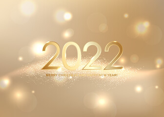 2022 Merry Christmas and Happy New Year card with golden abstract  background. Vector illustration.