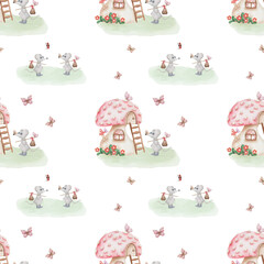 Watercolor seamless pattern from hand painted illustration of red mushroom house, grey mouse, butterfly, lady bug on white background. Cartoon style for autumn, forest fabric textile, print design