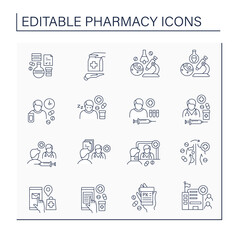 Pharmacy line icons set. Dispensing medical drugs. Research and development. Healthcare concept. Isolated vector illustrations. Editable stroke