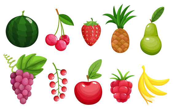 Set of colorful fruit icons apple, pear, strawberry, raspberry, banana, watermelon, pineapple, grapes, cherry, red currants. Berries and fruits. Healthy lifestyle or vegetarian food concept