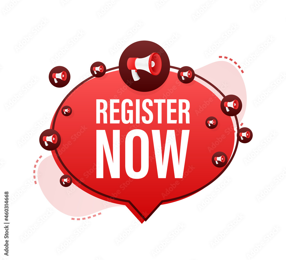 Poster megaphone label with register now. megaphone banner. web design. vector stock illustration.