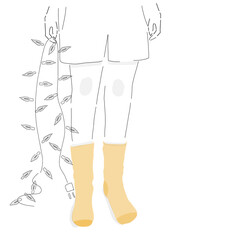 Vector drawing of a person holding a Christmas light, getting ready for Holiday. Fuzzy socks and shorts