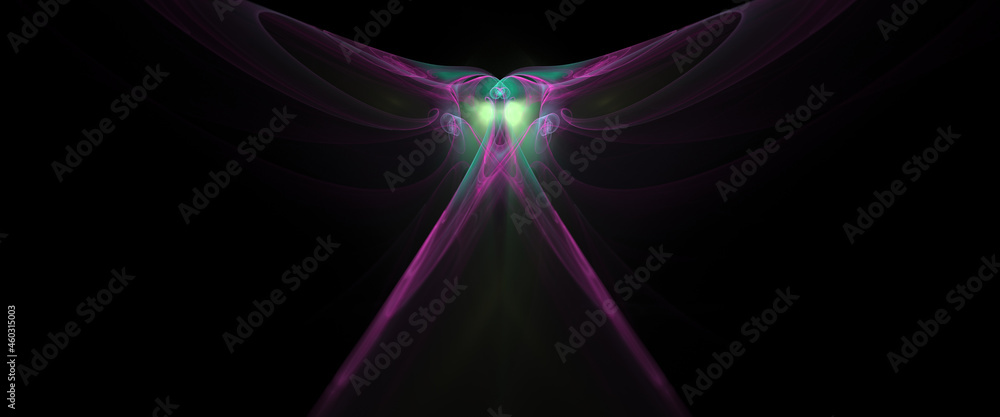 Poster digital render of an abstract shape made of laser lights on a dark background