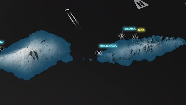 Seamless looping animation of the 3d terrain map at nighttime of Samoa with the capital and the biggest cites in 4K resolution