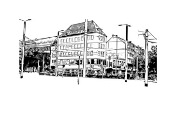 Building view with landmark of Krefeld is the 
city in Germany. Hand drawn sketch illustration in vector.