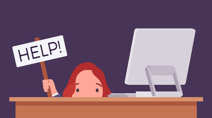 Businesswoman, office male clerk hiding under desk with help sign. Employee in frustration, upset, seek for computer service, hardware, software and data install, support, repair. Vector illustration