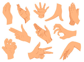 Hands gestures. illustration set hands in different interpretations, showing signal, emotions or signs. Flat design modern concept