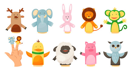 Hands or finger puppets play dolls collection. Cartoon color toys for children theater, kids games.  cute and funny animal character, isolated icon on white background