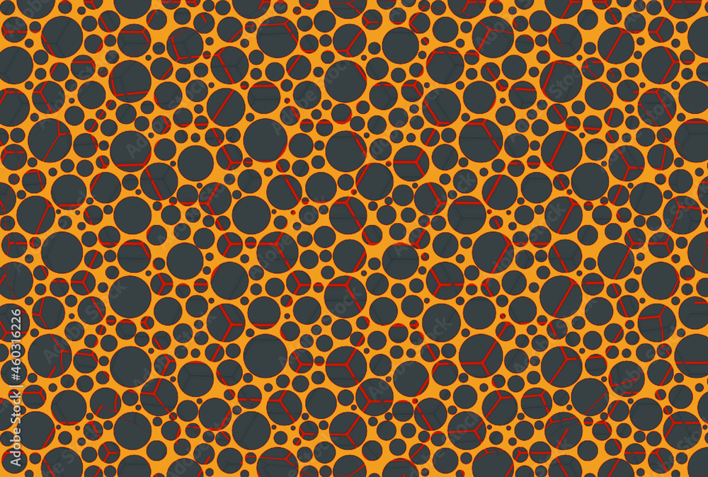 Aufkleber illustration of gray asymmetric abstract dots on an orange surface with red hexagon pattern overlay