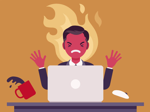 Businessman working with laptop flamed in anger. Burnout, office worker losing temper in annoyance, rage, displeasure with work, overworked employee, computer damage or harm. Vector illustration