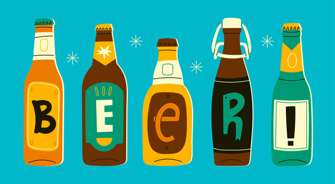 Various green, brown, yellow glass Beer bottles. Different letters on labels. Hand drawn trendy Vector illustration. Every bottle is isolated. Brewery concept. Design elements for restaurant, pub