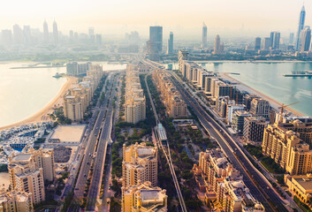 Dubai, UAE - 09.24.2021 Areal view from The View at The Palm. Urban