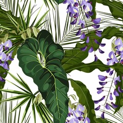 Vioet wisteria flowers. Seamless floral pattern with violet glossy flowers and anthurium and palm leaves. Tropical pattern on a white background. 