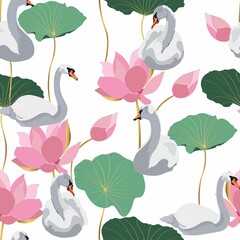 Beautiful seamless pattern with white swans and Japanese lotus water lily flowers and leaves illustration.