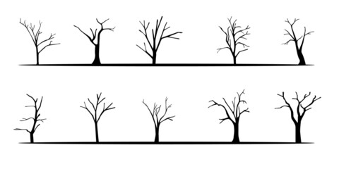 vector illustration set Dry bare tree silhouette with no living leaves. Dead wood. Hand drawn damaged environment. isolated on a white background