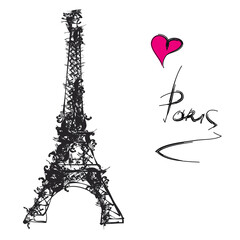 Fototapeta na wymiar Eiffel tower vector, Paris, pink heart