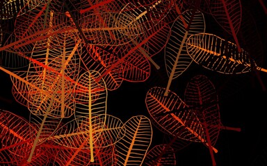 Dark Orange vector doodle backdrop with leaves.