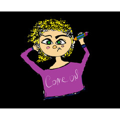 Curly girl in a purple t-shirt trying to do eyebrow makeup with an eyebrow pencil. Caricature. Funny drawing