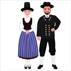 Woman and man in folk national Welsh costumes. Vector illustration