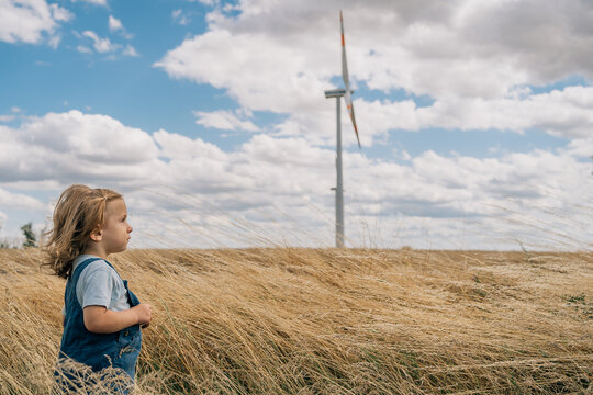 Little boy in the field looking at the windmill