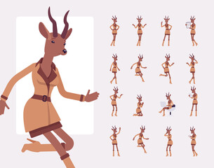 Roe deer woman, elegant lady, animal head human character set. Attractive deerlike businesswoman, antelope wearing office outfit. Full length, different views, gestures, emotions and position © andrew_rybalko