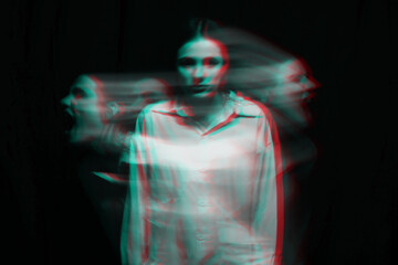 portrait of psychopathic girl with mental paranoid disorders. Black and white with 3D glitch virtual reality effect - obrazy, fototapety, plakaty