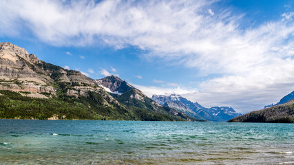 Upper Waterton Lake in Waterton Lakes National Park a park in the Canadian Rockies on the border of...