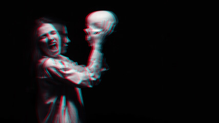scary blurry portrait of a female witch with a skull in her hands. Black and white with 3D glitch...