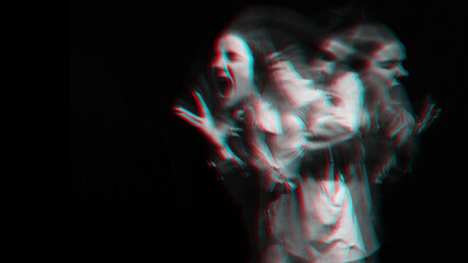 scary portrait of a ghost girl in a white shirt with a blur. Black and white with 3D glitch virtual...