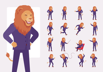 Male lion, large wild animal head, tail human character set. Strong businessman, boss, business person, physical power, courage, office king. Full length, different views, gestures, emotions position