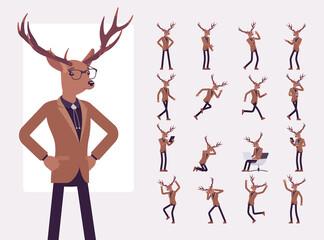 Deer man, elegant mister moose, animal head human character set. Dressed up gentleman, businessman having horns, antlers, wearing glasses. Full length, different views, gestures, emotions, position