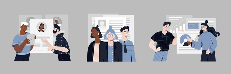 Set of scenes with workers every day job. Concept of human resources, candidates, performance management, find employee, hr management. Flat cartoon vector illustration