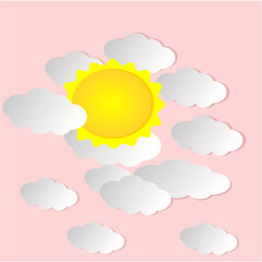 vector graphic illustration of the sun shining brightly among several clouds suitable for background