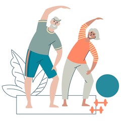 An elderly couple practices yoga. Grandparents lead an active and healthy lifestyle, play sports. The concept of pension activity. Flat design isolated on white background. Vector.