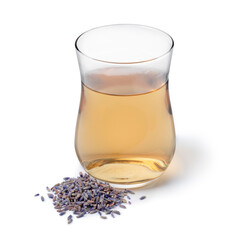 Glass cup with lavender tea and a fresh twig of lavender in front isolated on white background 