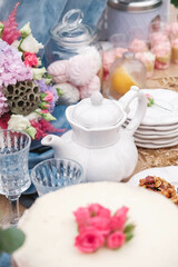 Wedding candy bar in rustic style decorated with plates, cutlery, glasses, candles and flower arrangements. Copy, empty space for text