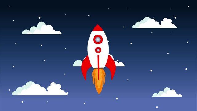 Spacecraft with fire flames flying on dark galaxy background with stars and clouds. Seamless looping cartoon hd animation. Start up, business growth, project management, market launch product concept.