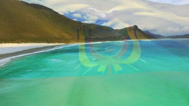 Digital composition of ecuador flag waving against close up view of waves on the beach