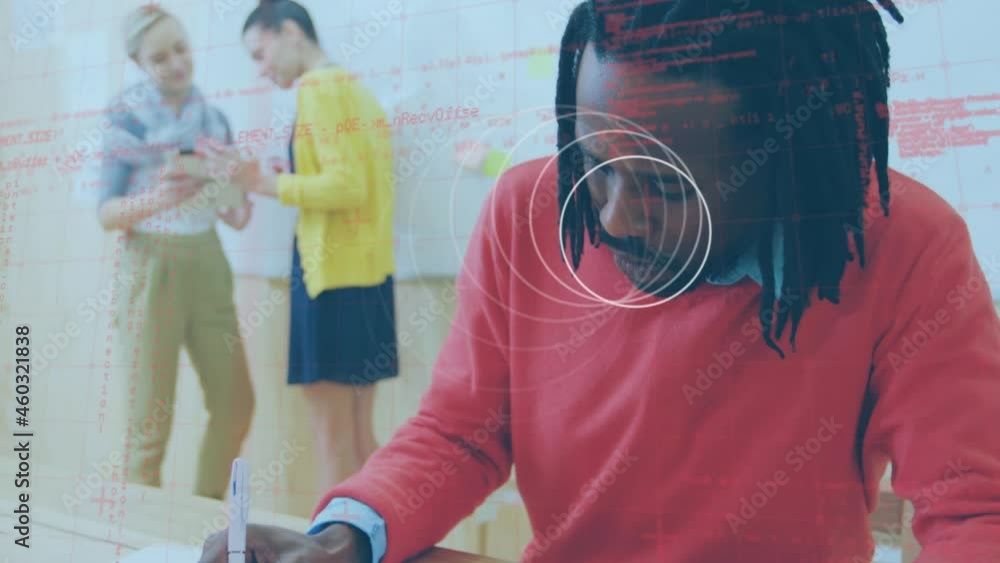 Poster Animation of rotating rings and data processing over smiling african american man in workplace