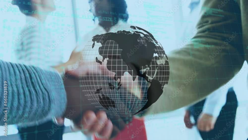 Poster animation of rotating black globe and data processing over diverse business colleagues shaking hands