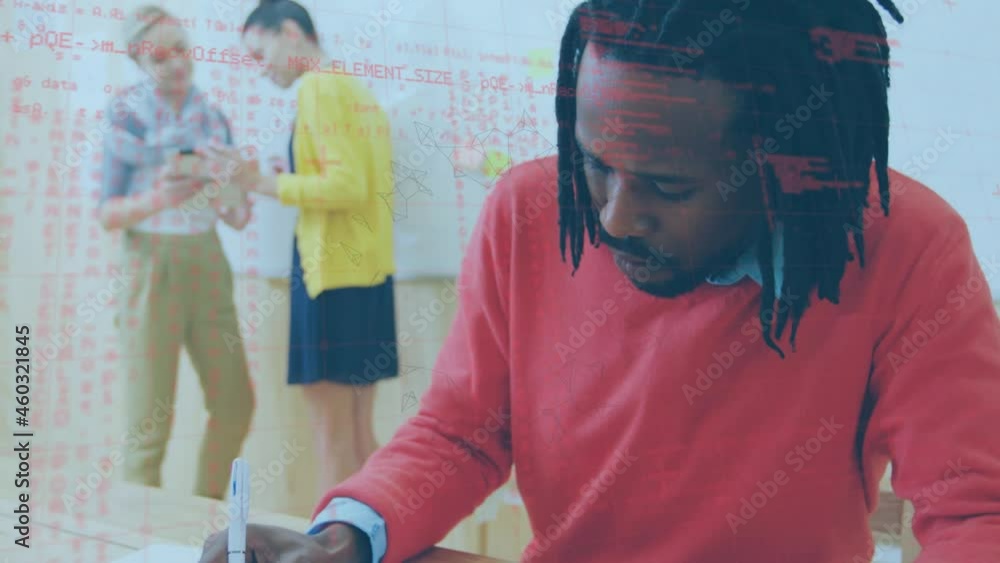 Poster Animation of rotating rings and data processing over smiling african american man in workplace